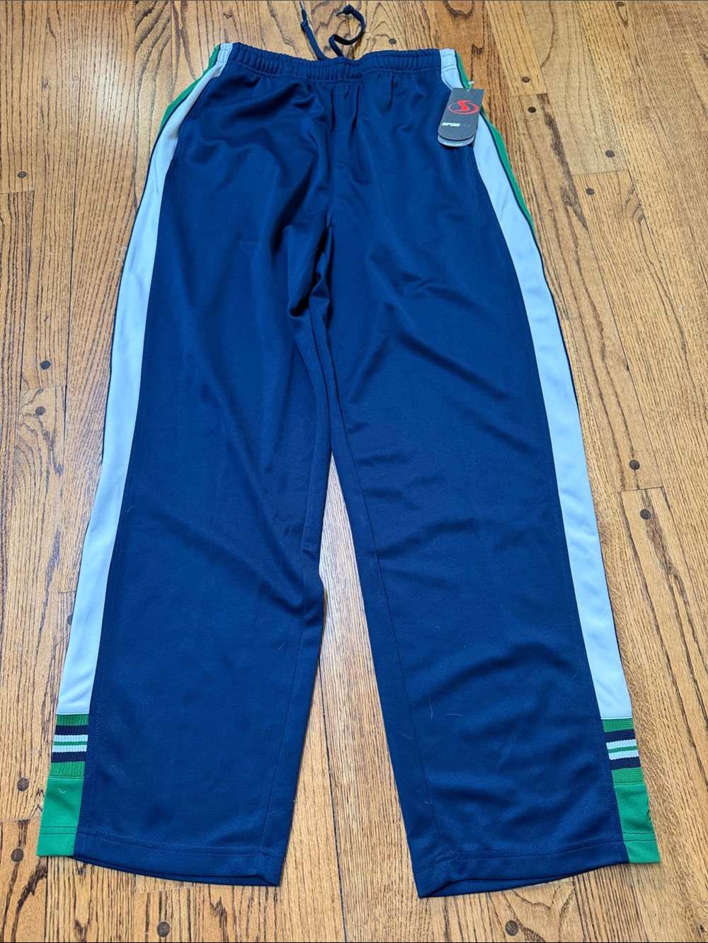NWT Sportek sz L Quick Dry Trackpants Blue w White Green side stripes
